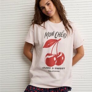 American Eagle Outfitters Pink Graphic 'Mon Chéri' Tee with Red Cherry Print